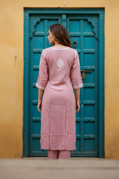 Modal 3D Chikenkari Kurti-Onion Pink