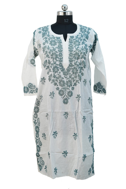 Cotton White Kurti with green chikenkari work