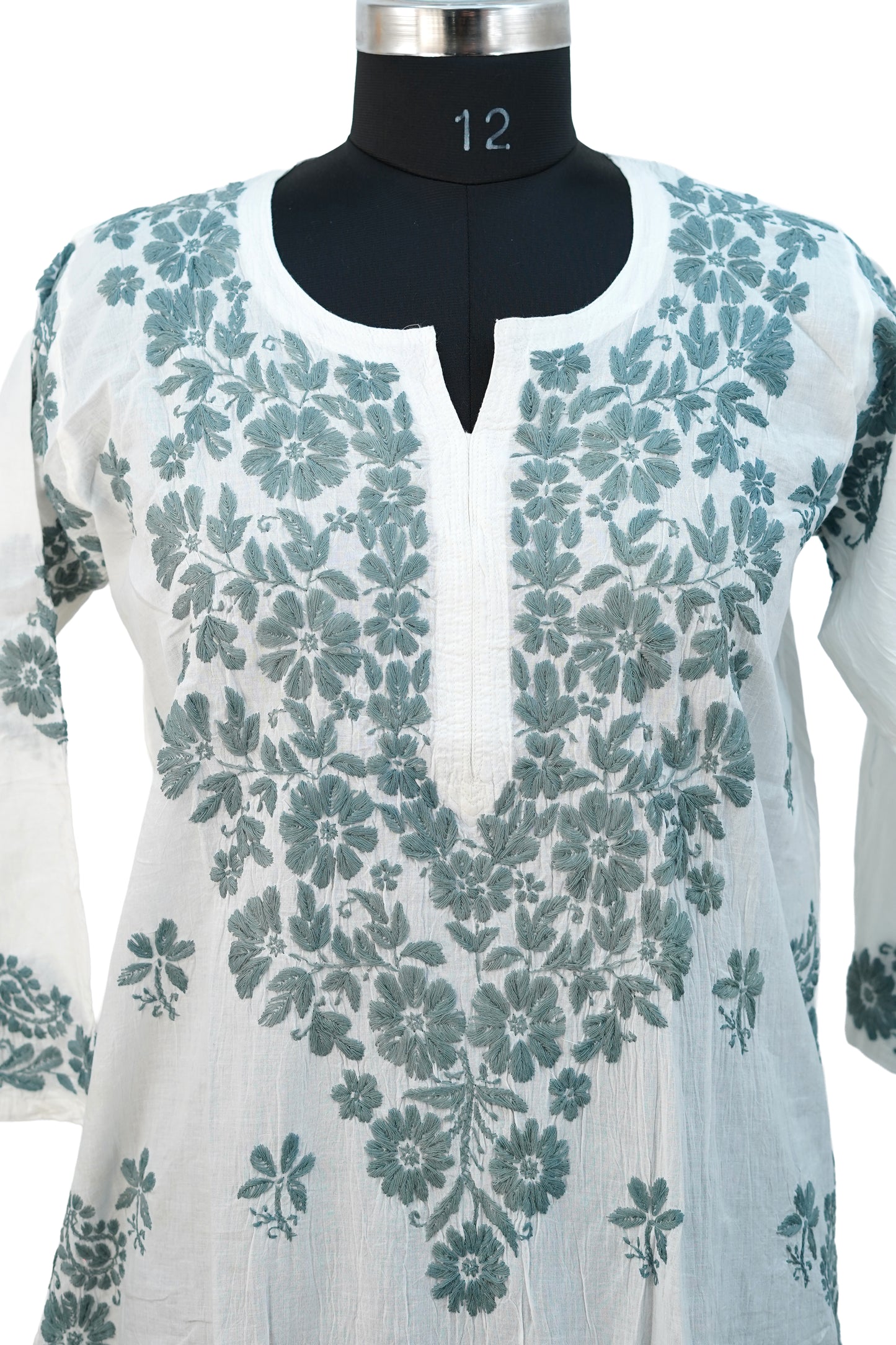 Cotton White Kurti with green chikenkari work