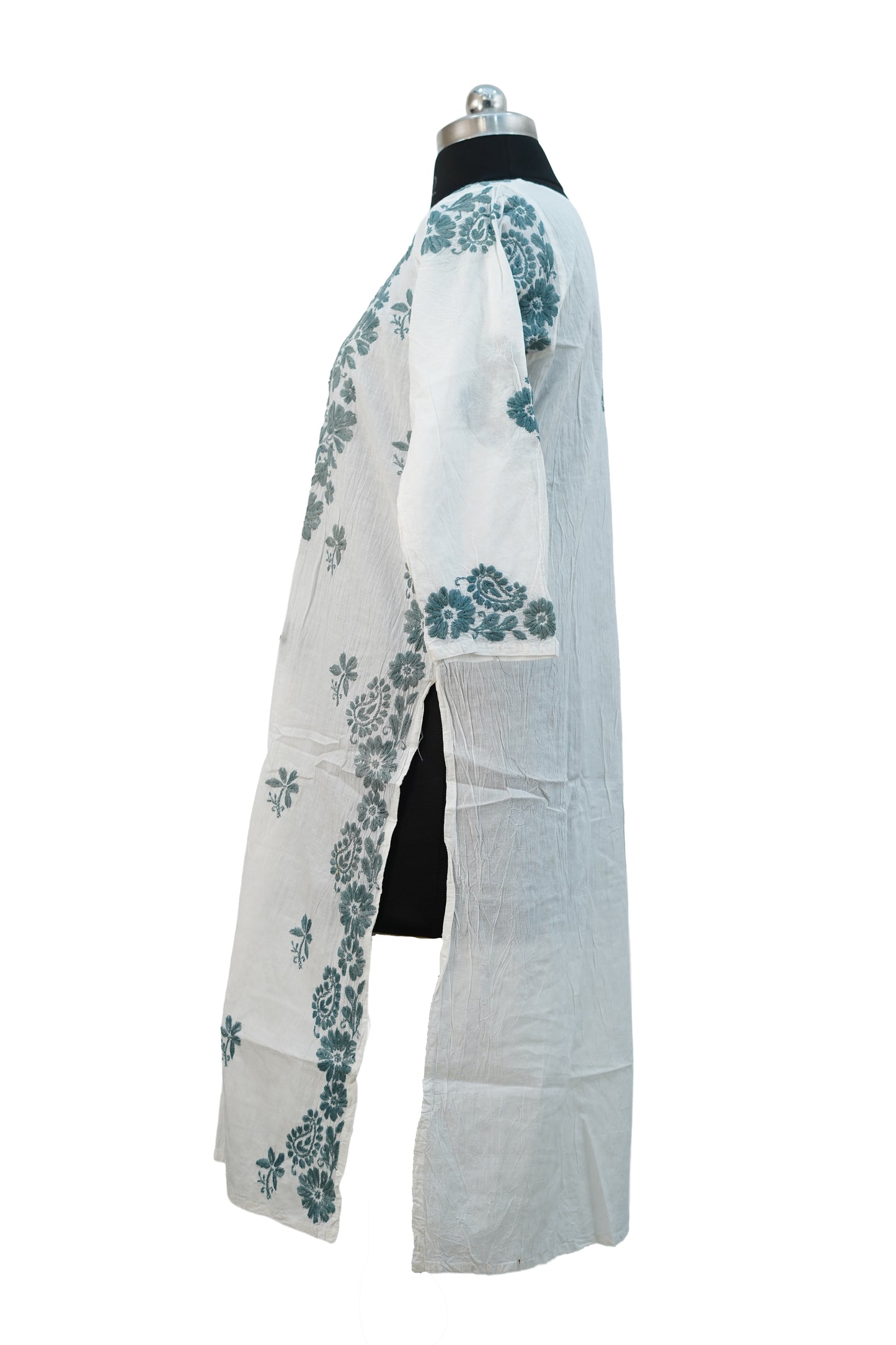 Cotton White Kurti with green chikenkari work