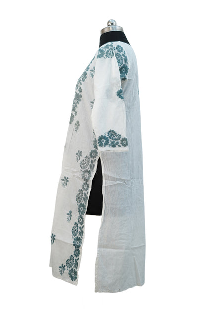 Cotton White Kurti with green chikenkari work