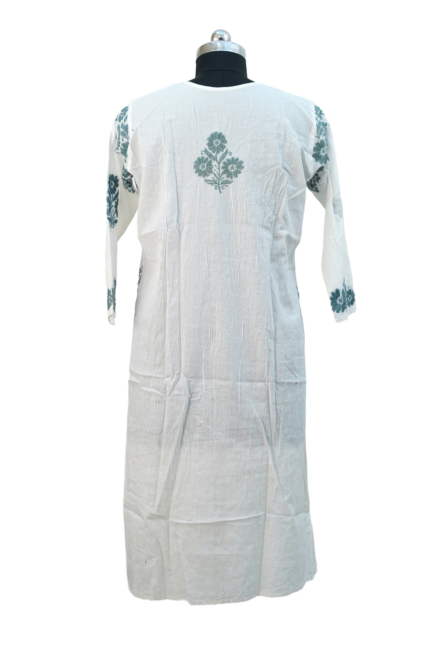 Cotton White Kurti with green chikenkari work