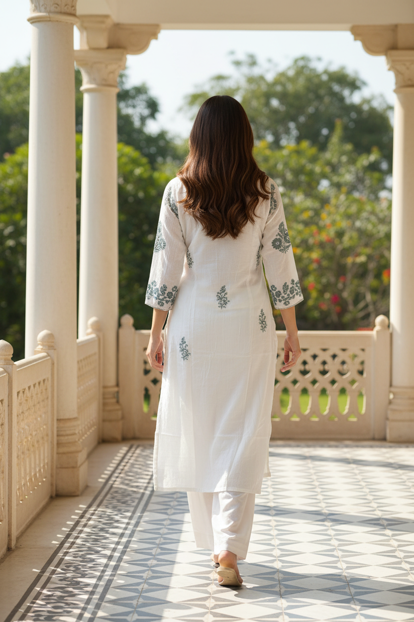 Cotton White Kurti with green chikenkari work