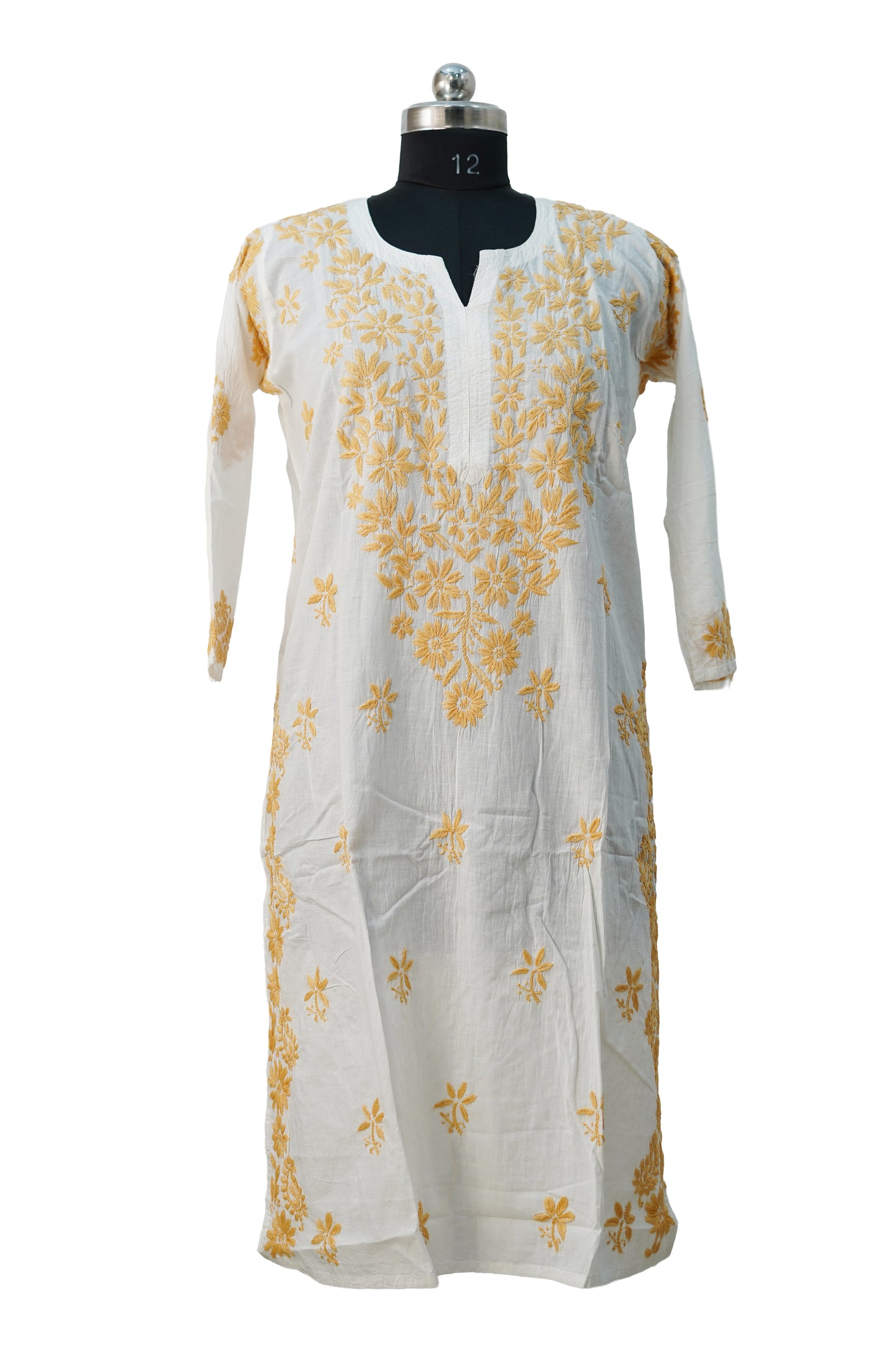 White Long kurti with Yellow Chickenkari