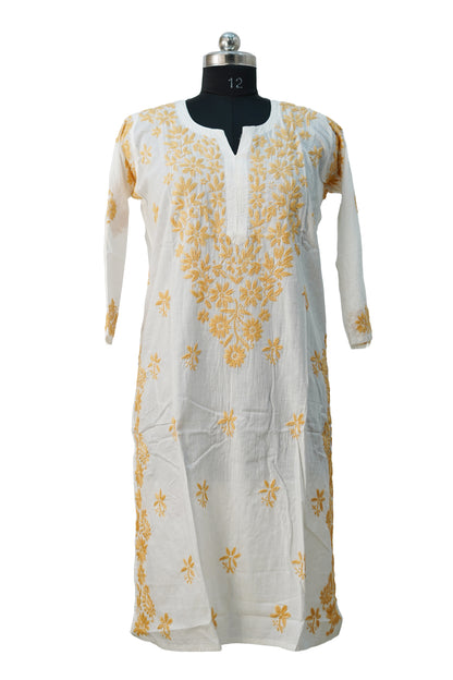 White Long kurti with Yellow Chickenkari