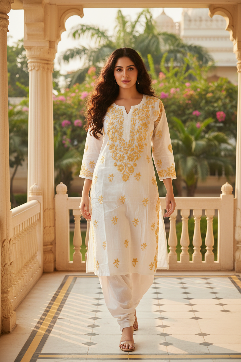White Long kurti with Yellow Chickenkari