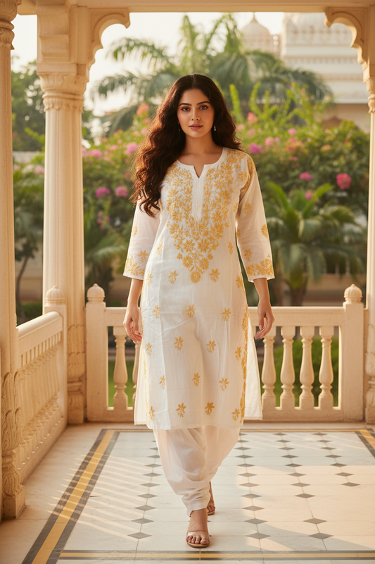 White Long kurti with Yellow Chickenkari