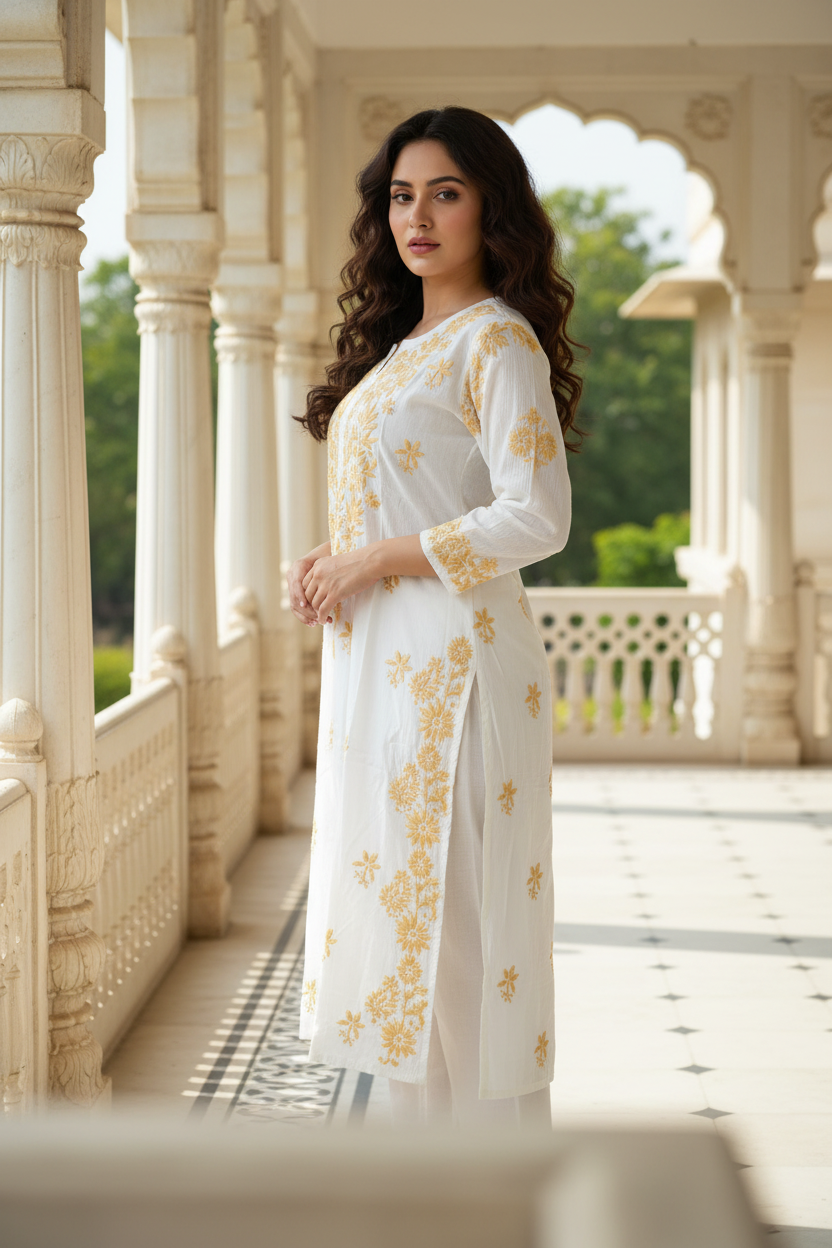 White Long kurti with Yellow Chickenkari