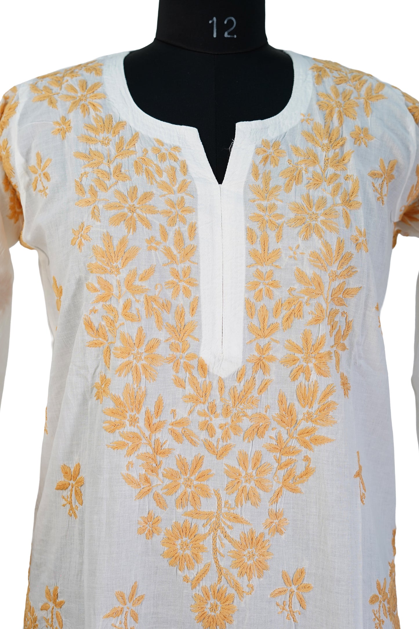 White Long kurti with Yellow Chickenkari