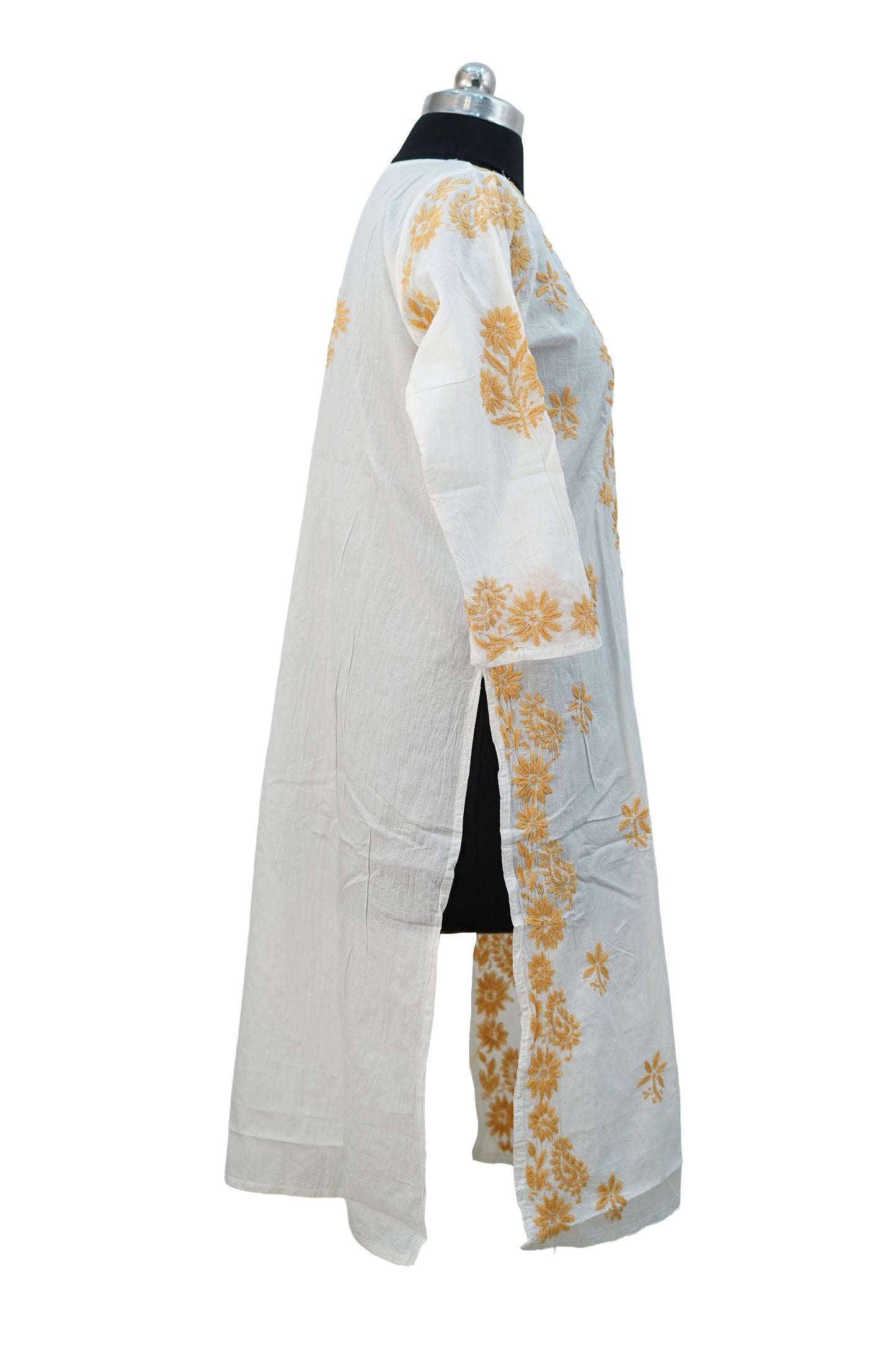 White Long kurti with Yellow Chickenkari