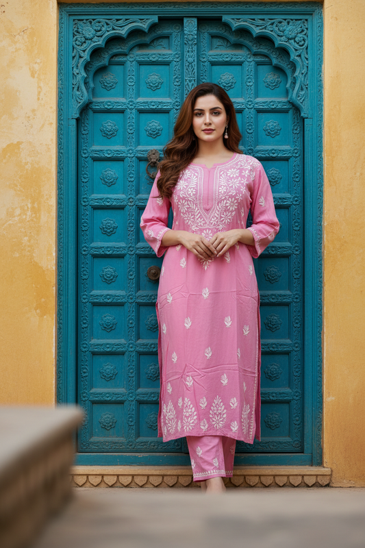 Modal Chikenkari Long -Pink Kurti