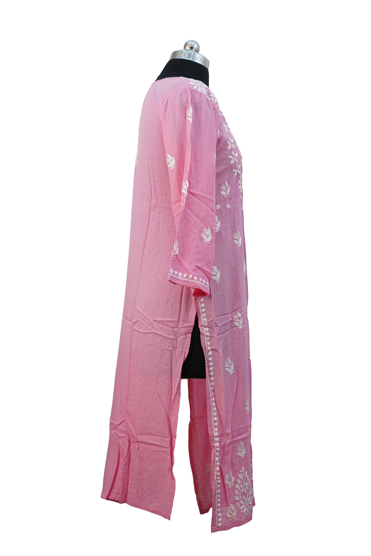 Modal Chikenkari Long -Pink Kurti