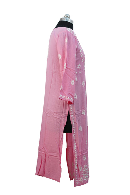 Modal Chikenkari Long -Pink Kurti