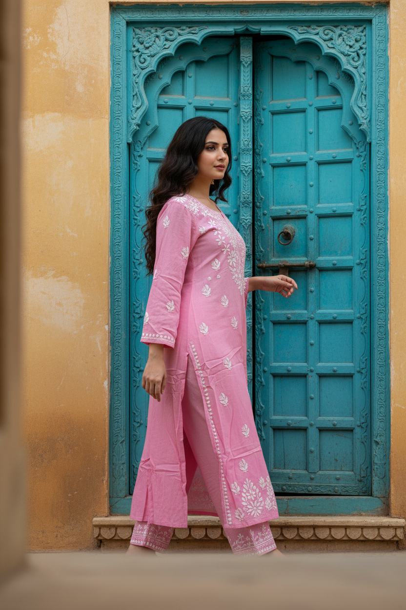 Modal Chikenkari Long -Pink Kurti