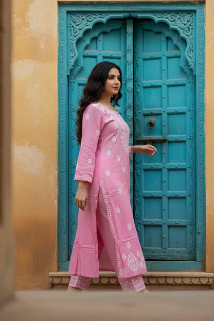 Modal Chikenkari Long -Pink Kurti