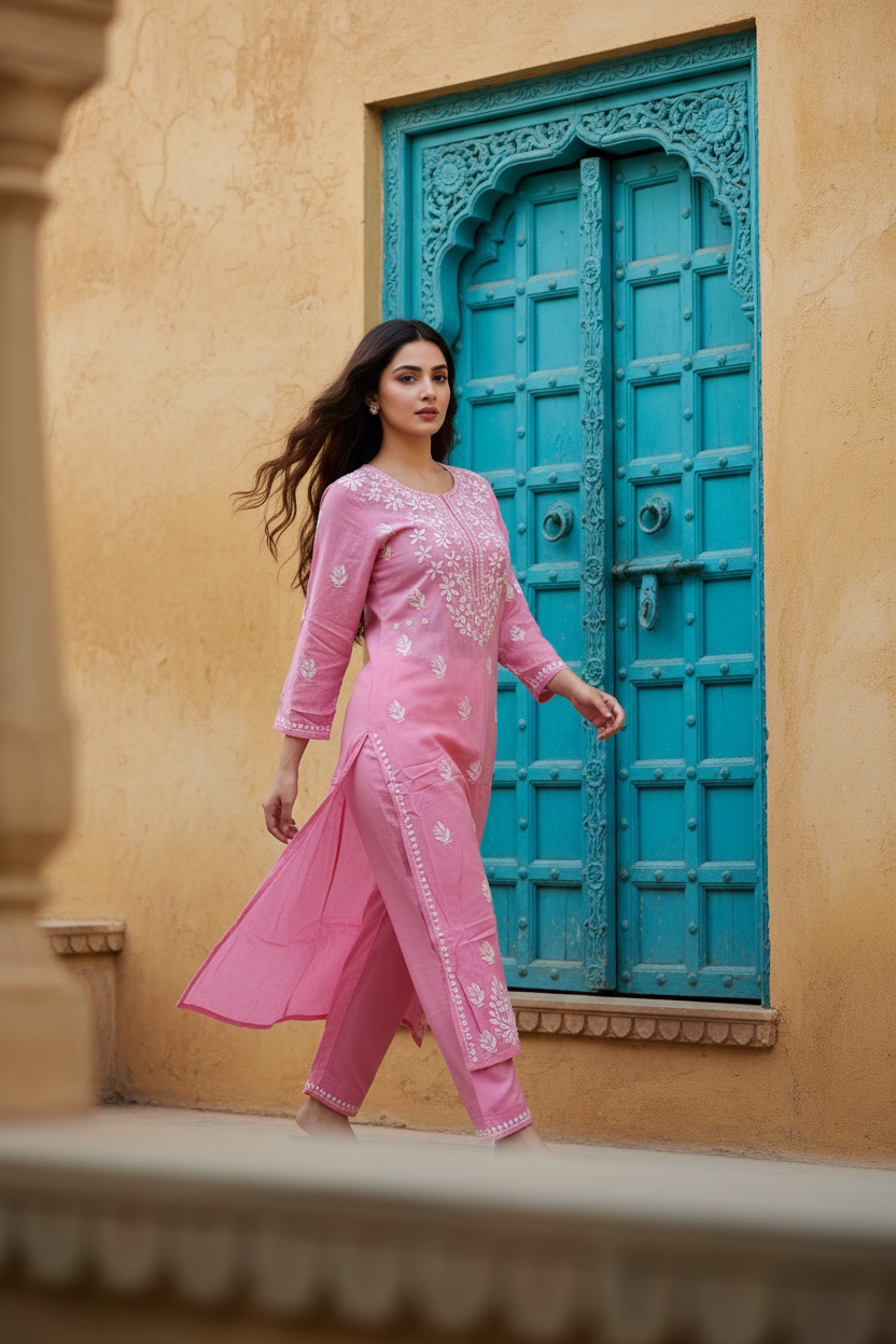 Modal Chikenkari Long -Pink Kurti