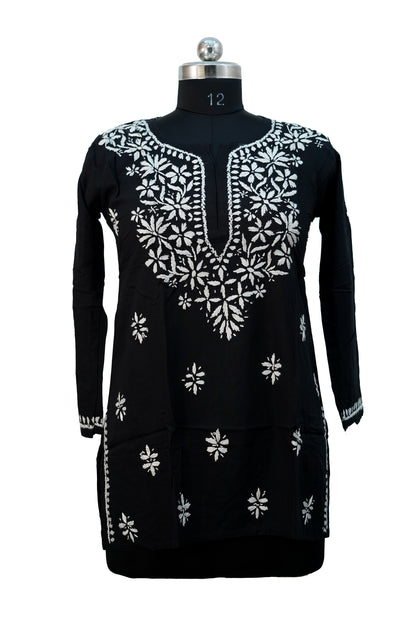 Modal Chikenkari Embroidery-Black Short Kurti