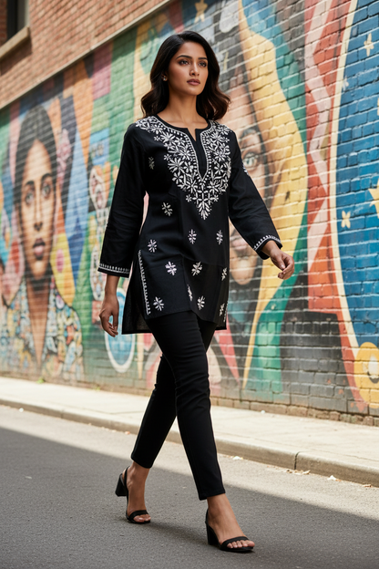 Modal Chikenkari Embroidery-Black Short Kurti
