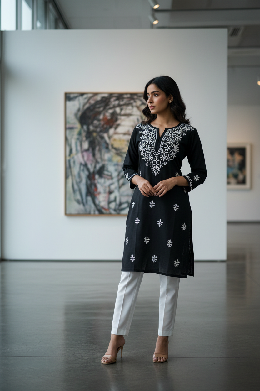 Modal Chikenkari Embroidery-Black Short Kurti