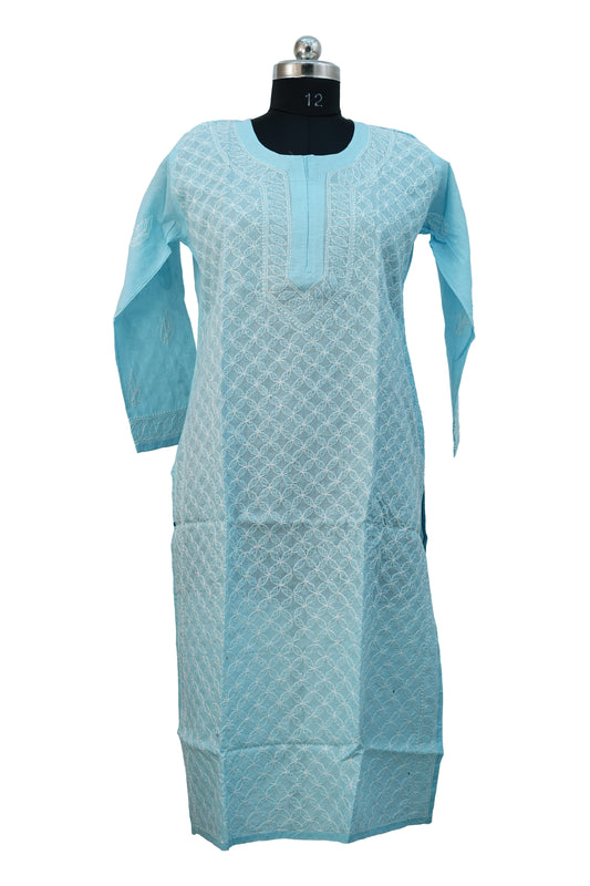 Cotton Jaal Long Kurti-Sky Blue