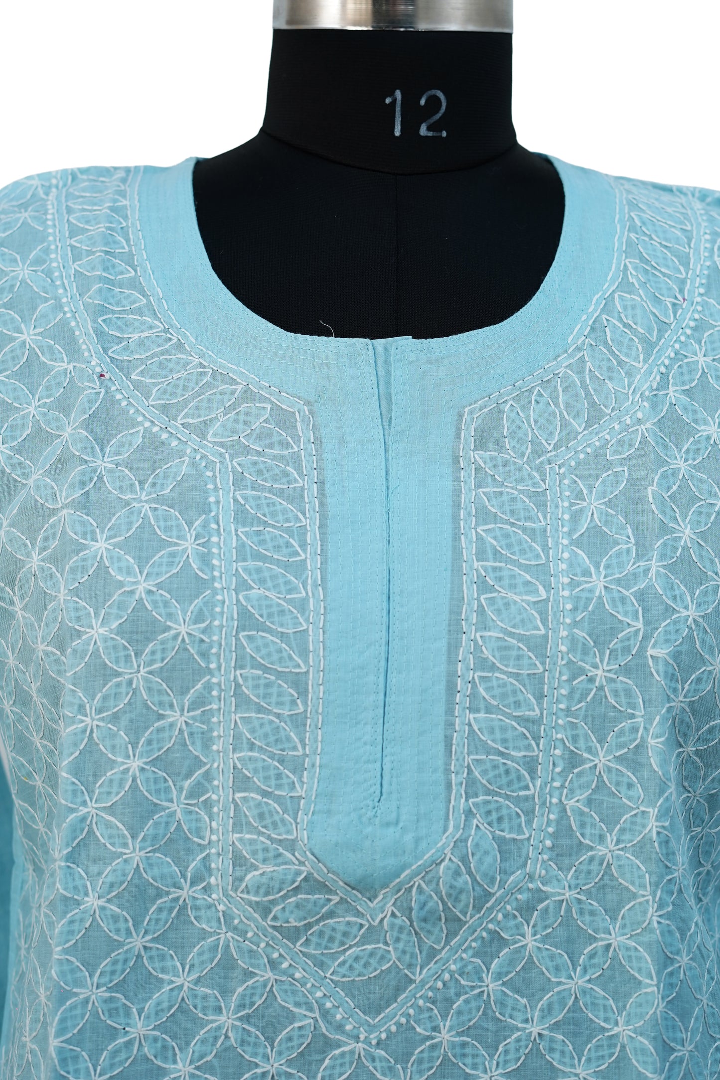 Cotton Jaal Long Kurti-Sky Blue