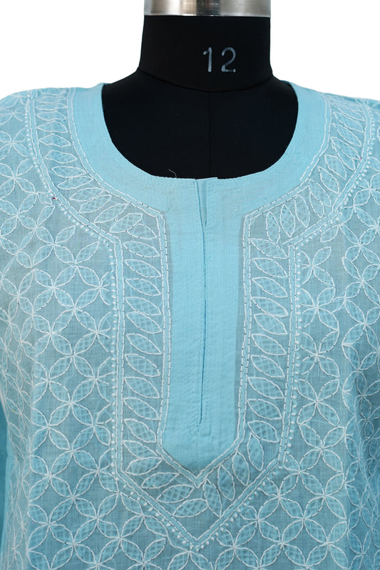 Cotton Jaal Long Kurti-Sky Blue