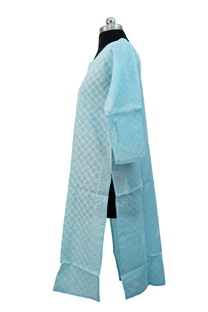 Cotton Jaal Long Kurti-Sky Blue