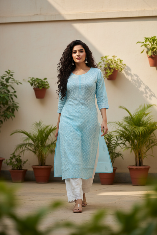 Cotton Jaal Long Kurti-Sky Blue