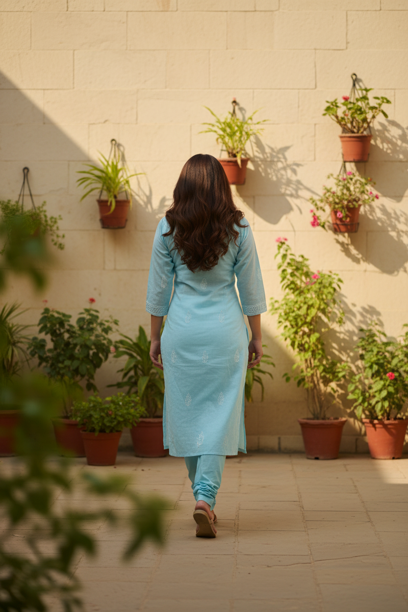 Cotton Jaal Long Kurti-Sky Blue
