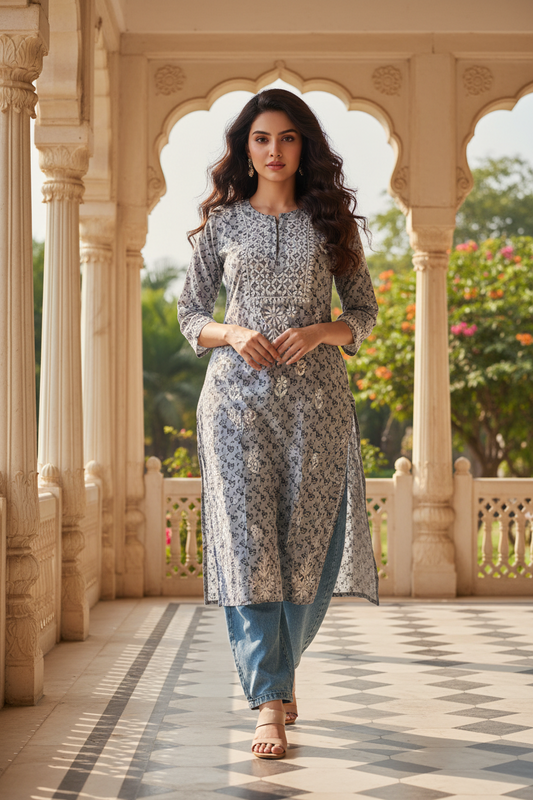 Cotton printed Long Kurti with Embroidery