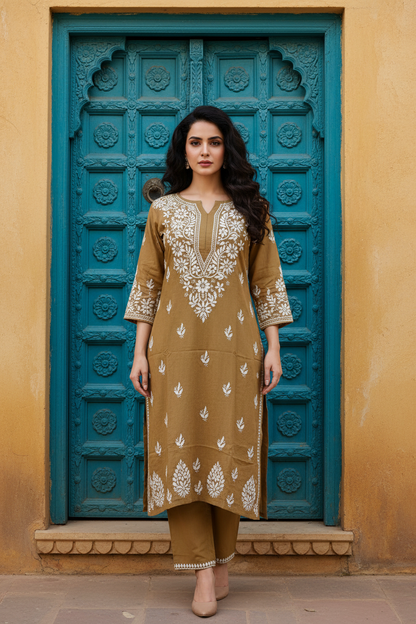 Modal Chikenkari Brown Kurti