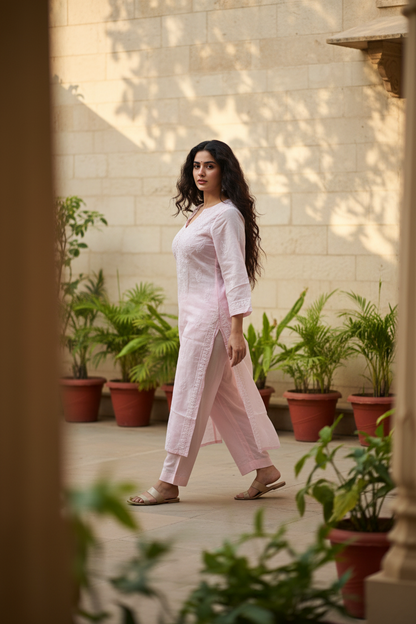 Pure Cotton Chikenkari Kurti-Pink