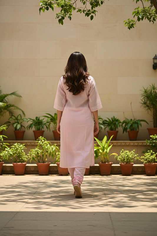 Pure Cotton Chikenkari Kurti-Pink