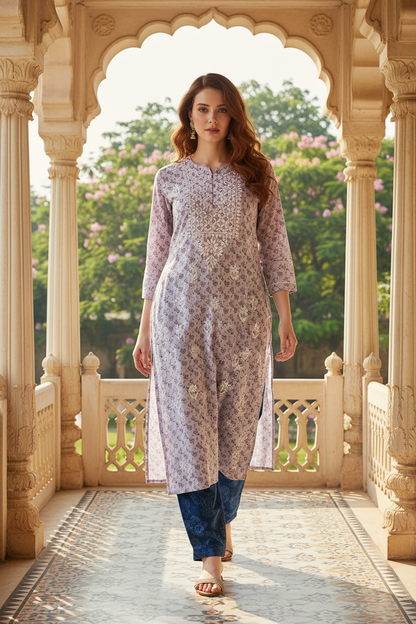 Cotton Printed Long Kurti with Embroidery