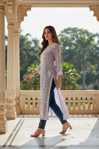 Cotton Printed Long Kurti with Embroidery