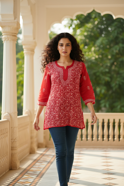 Cotton Jaal Chikenkari-Short Kurti