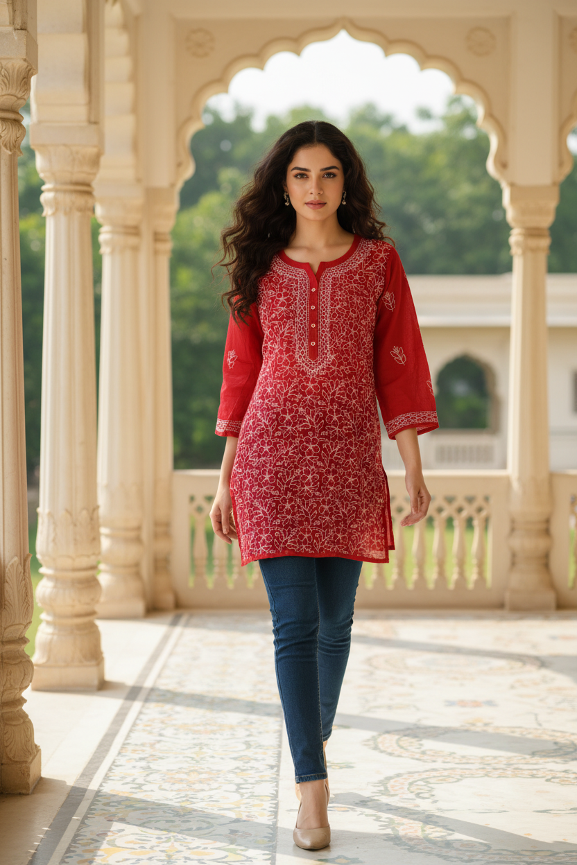 Cotton Jaal Chikenkari-Short Kurti
