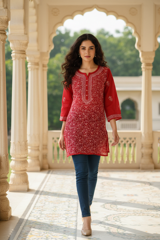 Cotton Jaal Chikenkari-Short Kurti