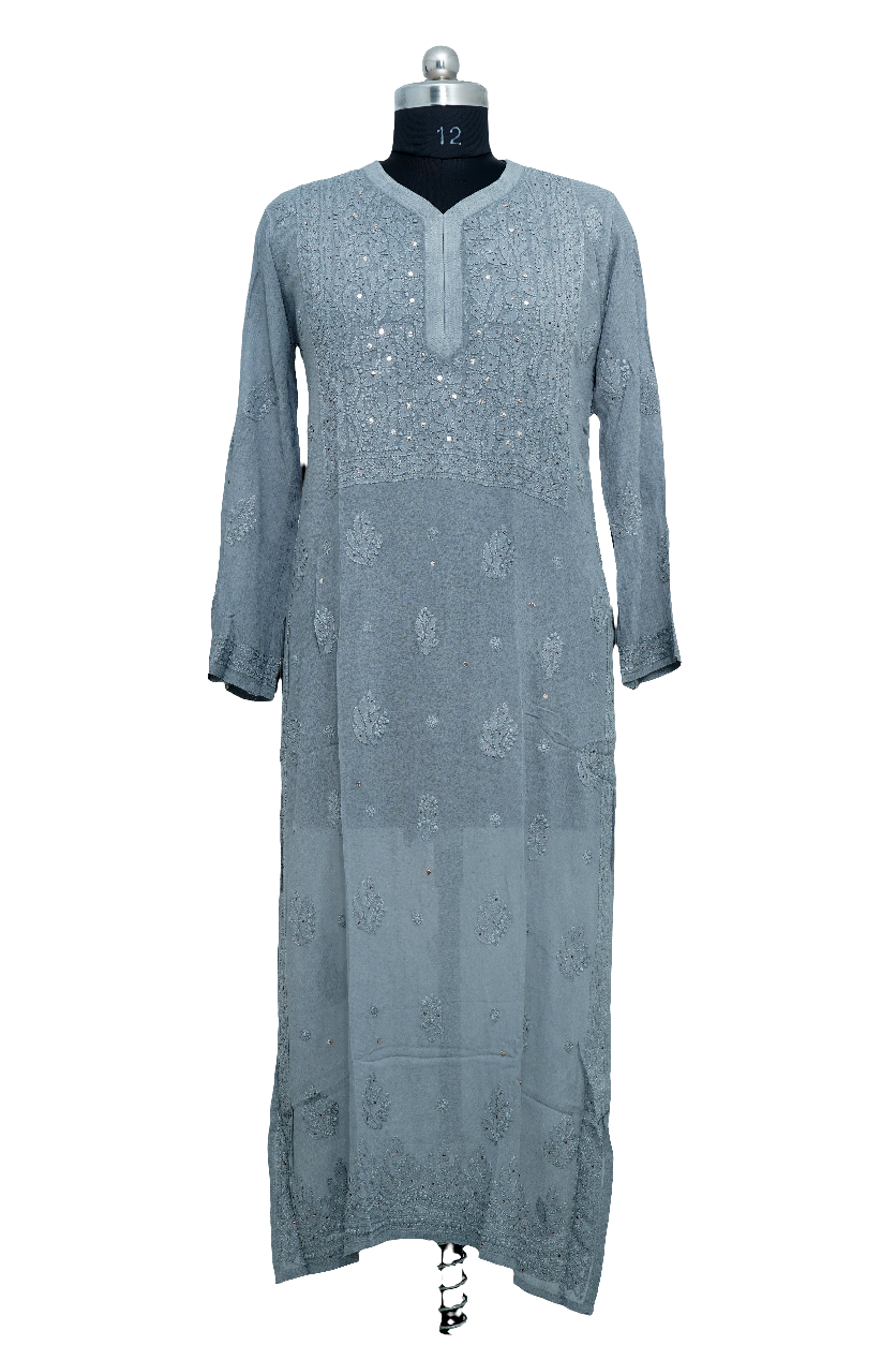 BlueGray kurta with floral embroidery on a mannequin against a white background