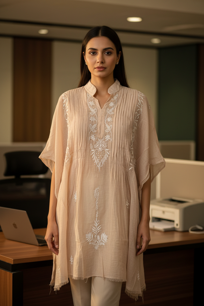 Mul Mukesh Shirt – Elegant Semi-stitched Chikankari Kurti - Brown