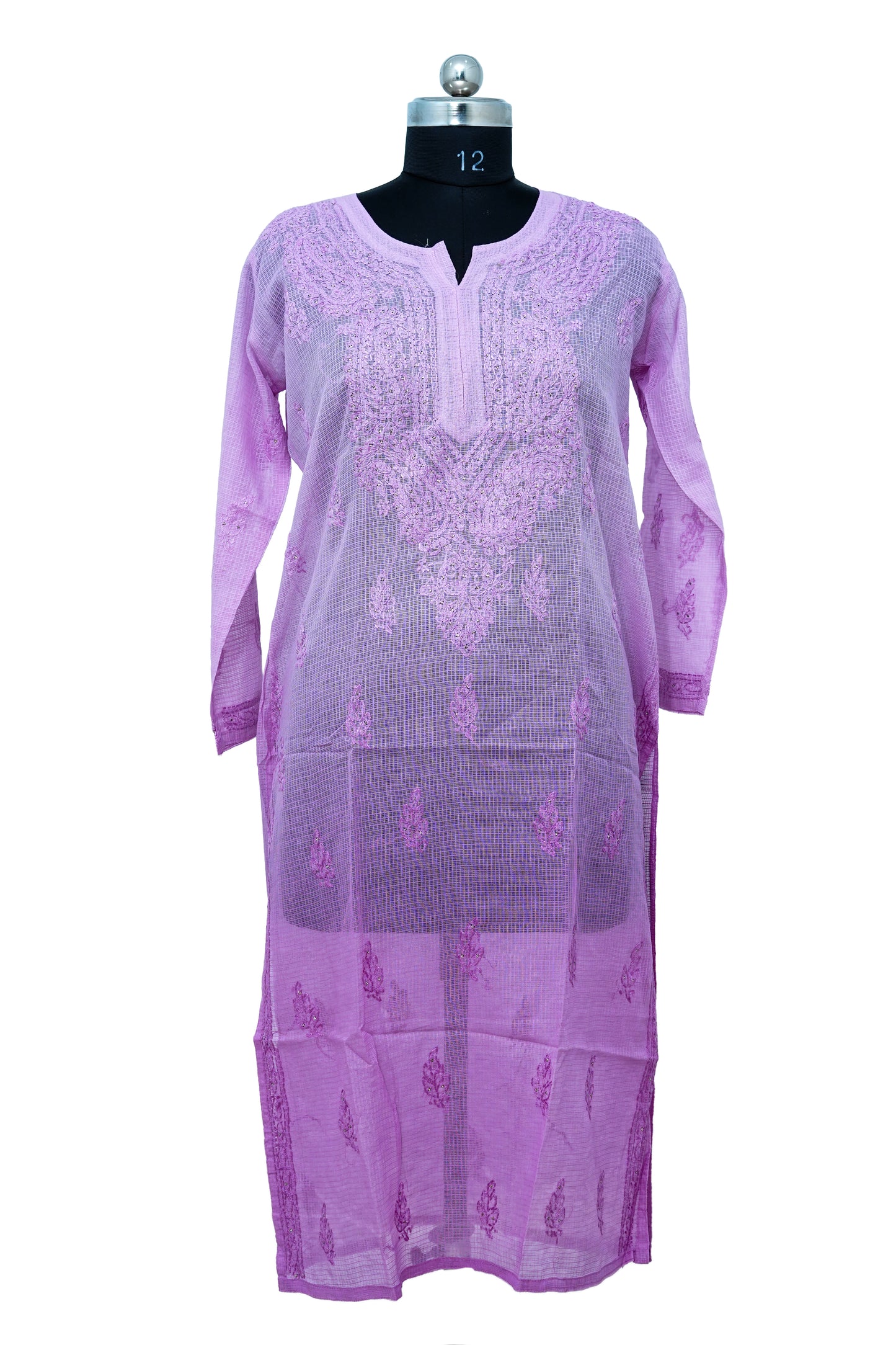 Purple embroidered kurta on a mannequin against a white background