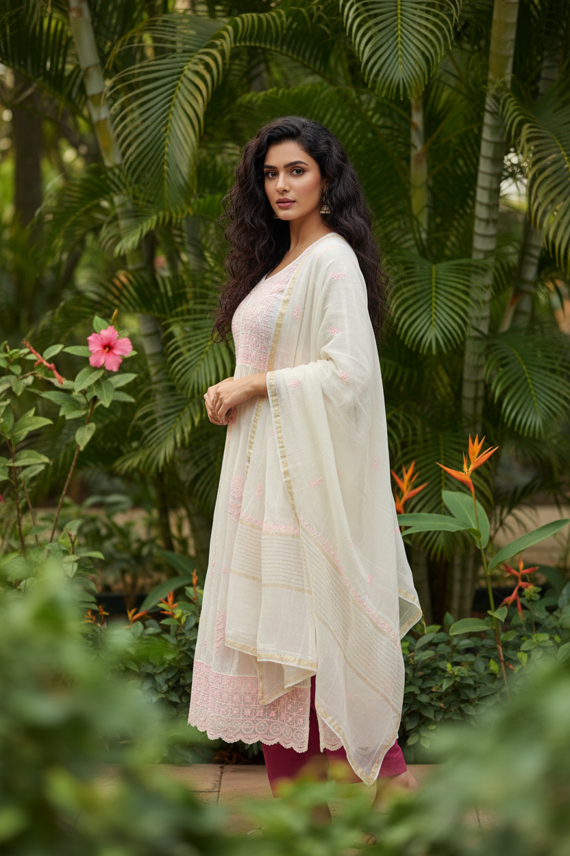 Light-colored embroidered garment on a hanger against a wooden panel background
