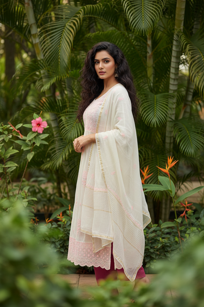 Light-colored embroidered garment on a hanger against a wooden panel background