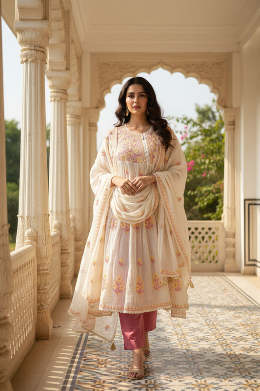 White embroidered dress with colorful patterns on a hanger against a striped background