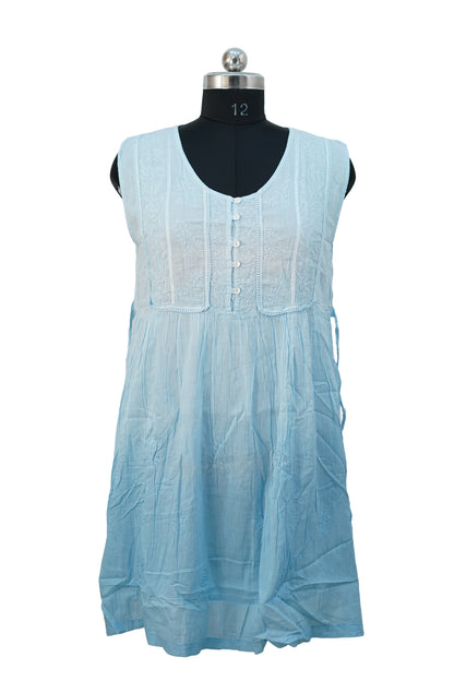 Light blue sleeveless dress on a mannequin against a white background