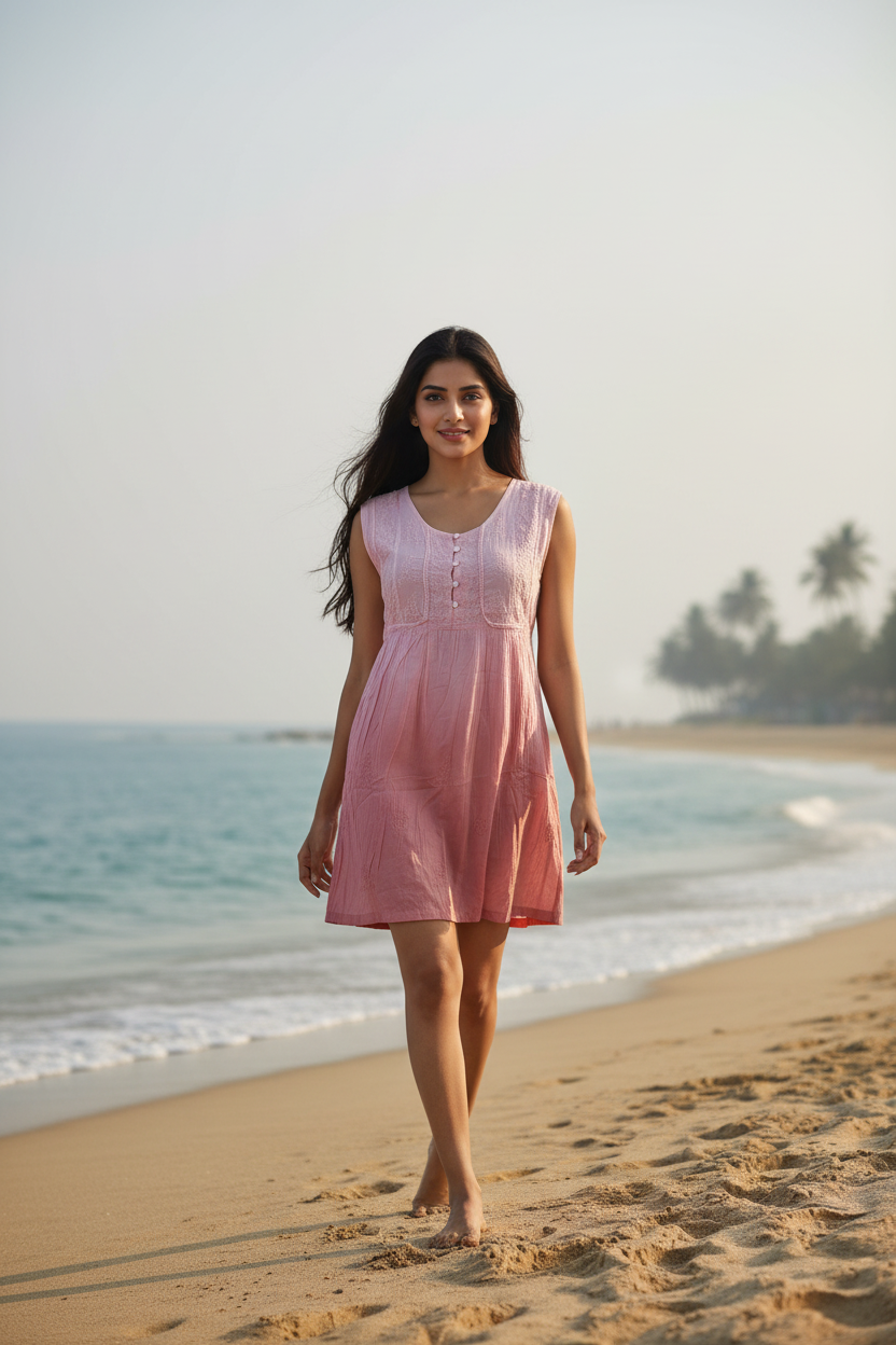 Woman in a pink dress walking on a beach with ocean and sky in the background
