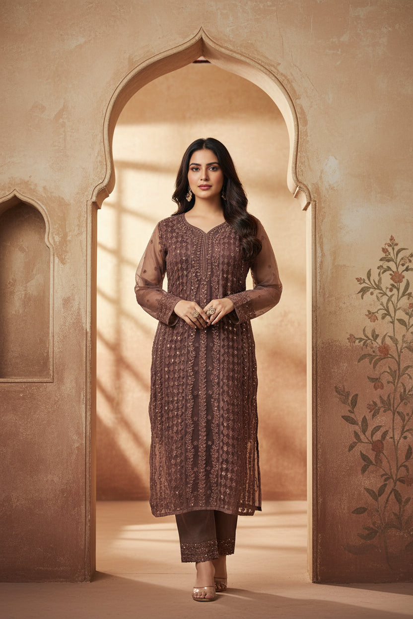 Brown Organza Sequence Long Kurti with Inner – Elegant Party Wear