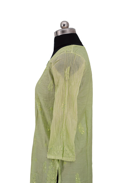 Chanderi Parrot Green-Sequence work Long Kurti