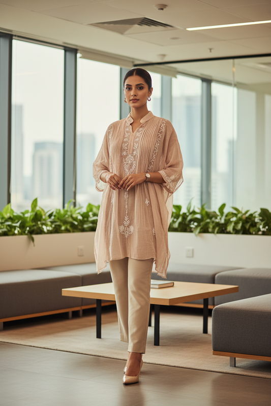 Mul Mukesh Shirt – Elegant Semi-stitched Chikankari Kurti - Brown