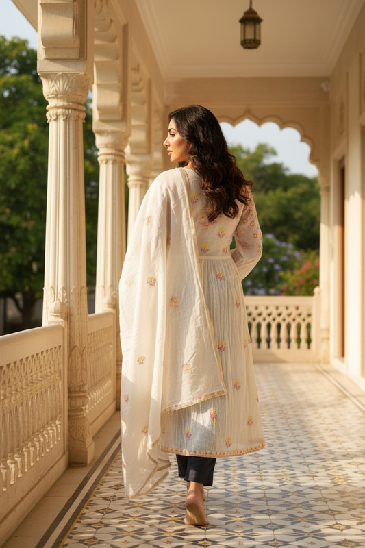 Mul-cotton Long Kurti Semi-Stitched Kurta-Dupatta set